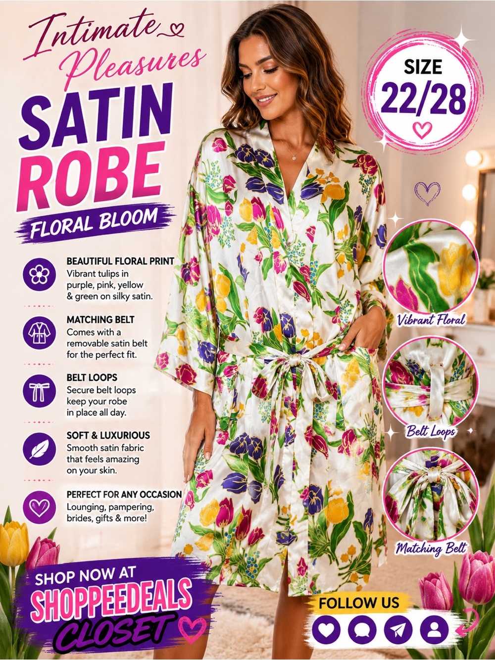 Vintage Pleasures Floral Satin Robe | White Tulip Print | Belted Lounge Robe